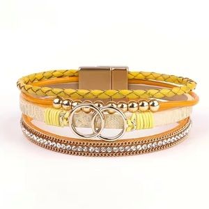 Yellow Leather Multi Layer Circle Crystal Magnetic Bracelet